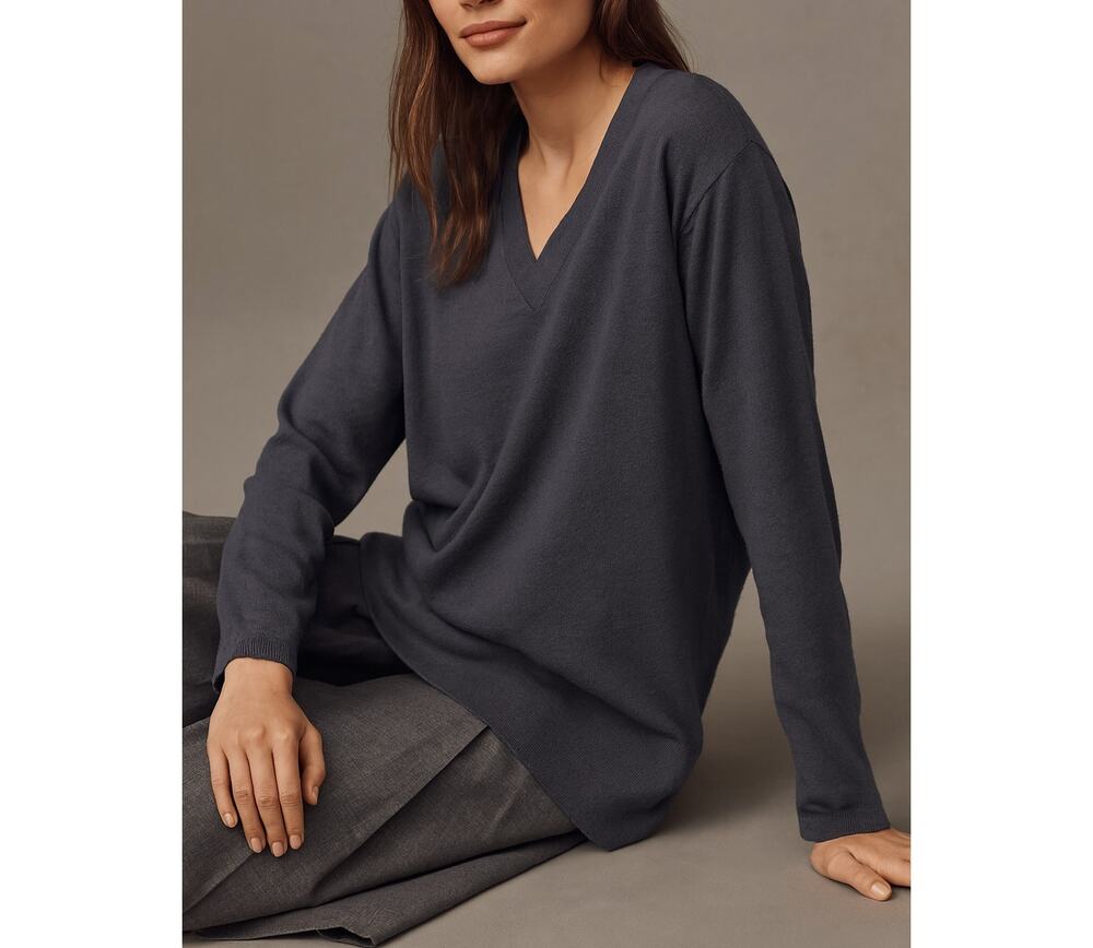 ALLUDE Blue 100% Virgin Wool Deep V-Neck Oversized Slouchy Classic Sweater, XS